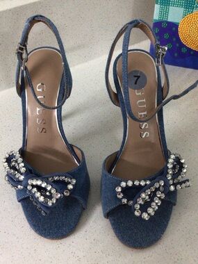GUESS Denim Crystal Bow Slingback Heels